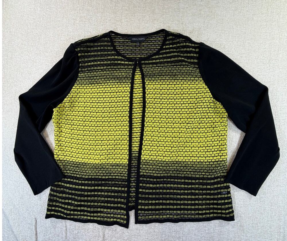 Ming Wang Women's Large Yellow Black Honeycomb Print Open Front Cardigan Sweater